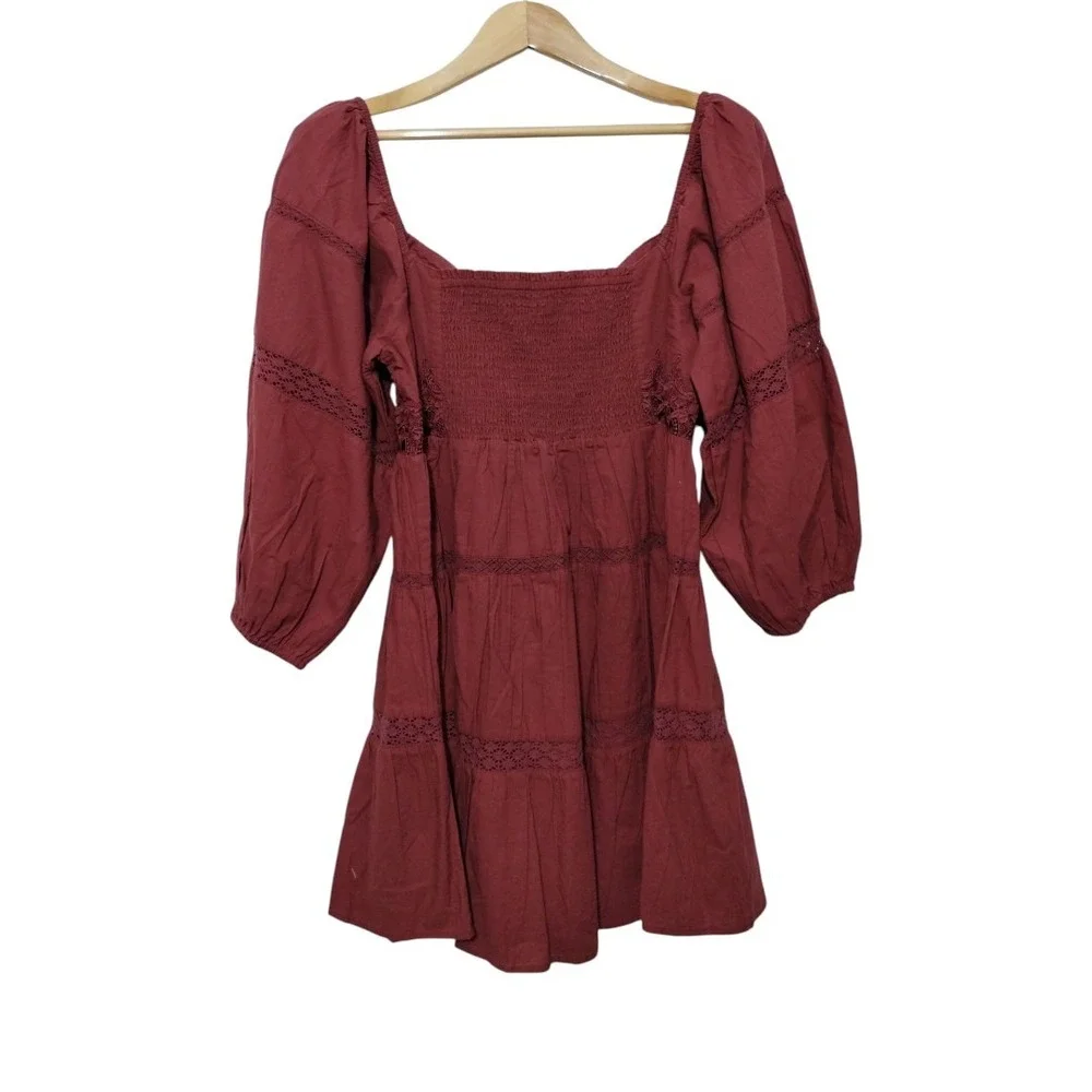 Free People All Mine Mini Boho Peasant Dress Burgundy Women's‎ M Puff Sleeves